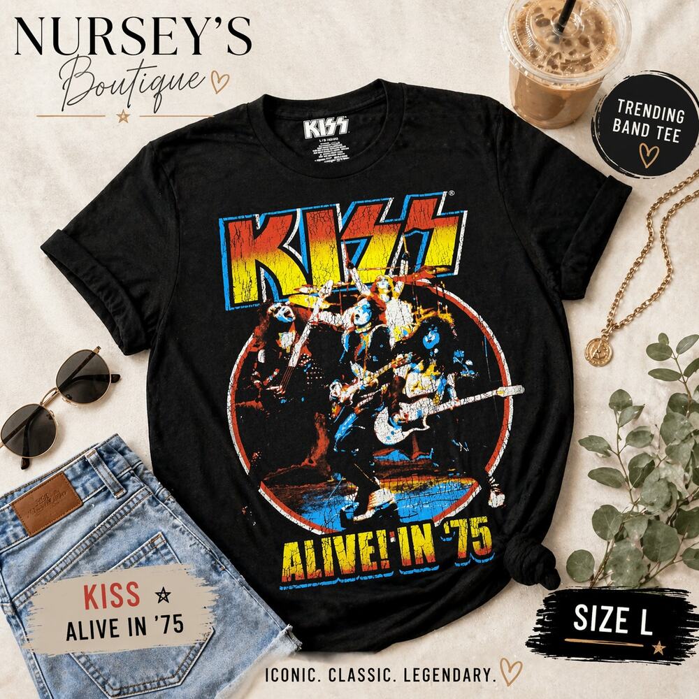 KISS Alive In '75 Graphic Tee Black Rock Band Shirt Size Large L NWOT